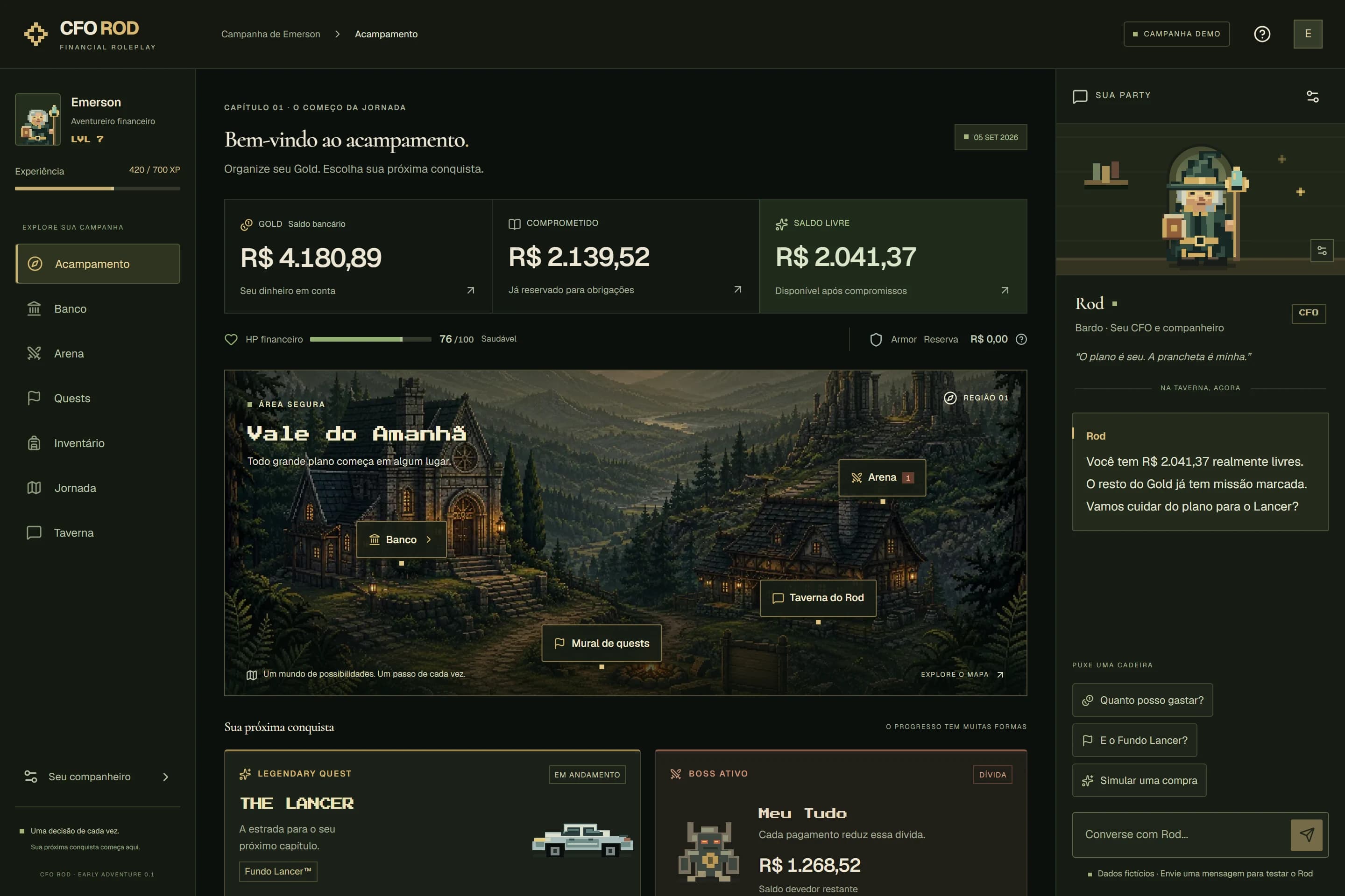 Tela do acampamento na campanha demo: saldo, comprometido e livre, o mapa do Vale do Amanhã, a quest The Lancer e o boss Meu Tudo