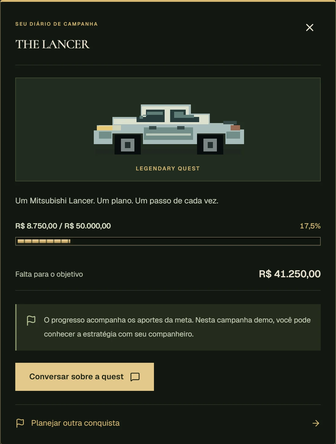 Mural de quests da campanha demo: a meta The Lancer, com progresso de R$ 8.750 de R$ 50.000 e o quanto falta